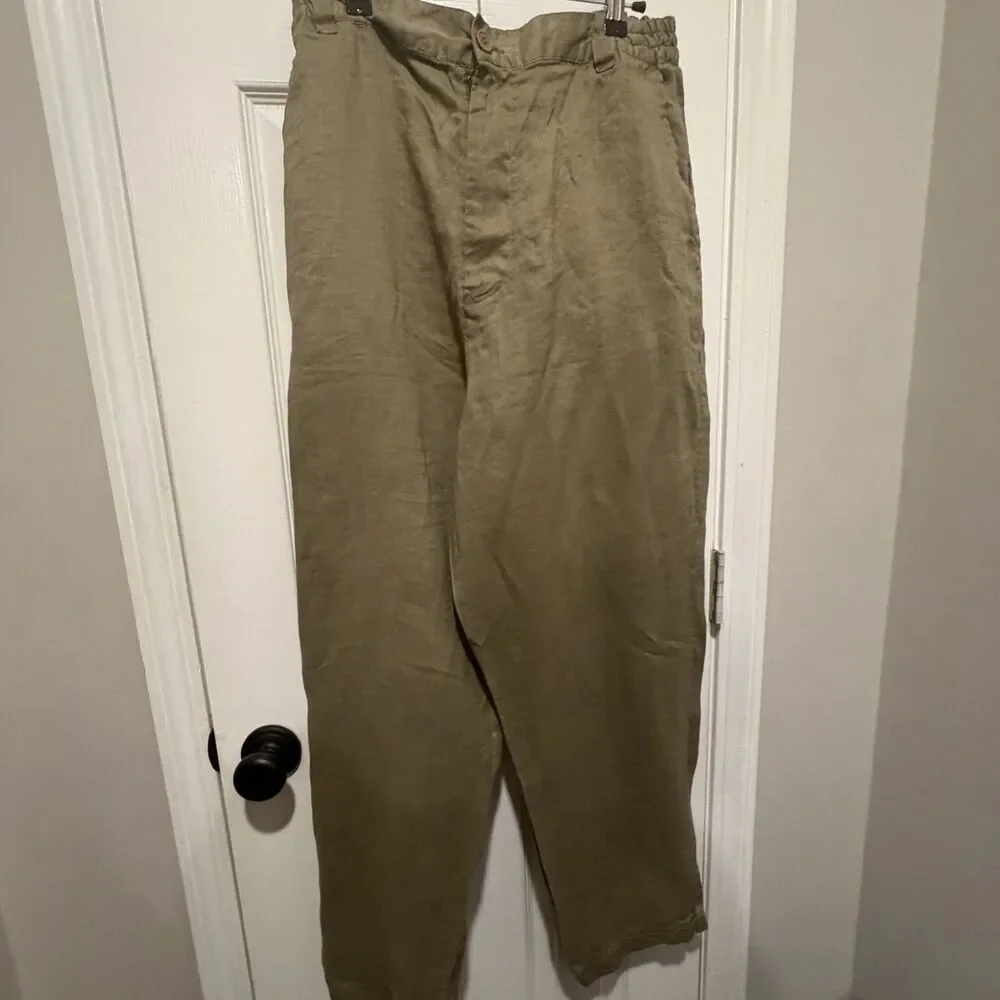 S&K Enterprise Mens Large 100% Linen Pants Olive Green Elastic Waist Casual